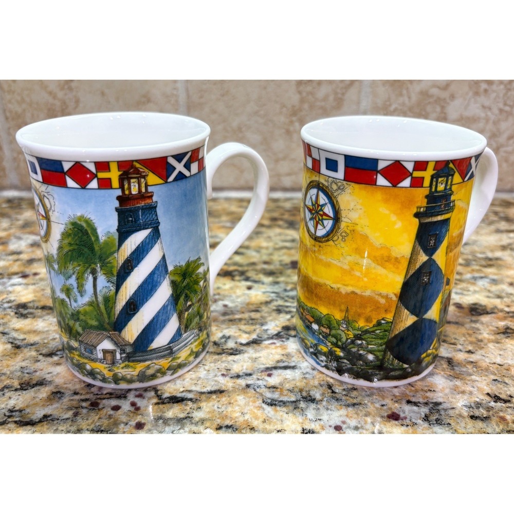 Set-2 12oz Royal Crafton Bone China Mugs/ Lighthouses- Nautical Design/ England